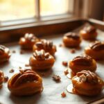 3-ingredient pecan pralines on a parchment-lined baking sheet, golden and glossy.