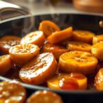 Caramelized Bananas - banana slices in a skillet, golden and glossy with melted brown sugar and butter.