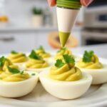 Avocado deviled eggs on a white plate, piped filling with cilantro garnish.