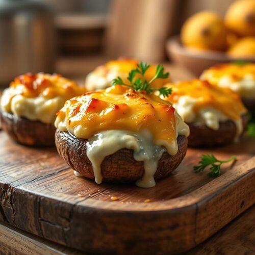 Golden baked garlic cream cheese stuffed mushrooms on a rustic wooden tray, with gooey cheese oozing from the top, garnished with fresh parsley.
