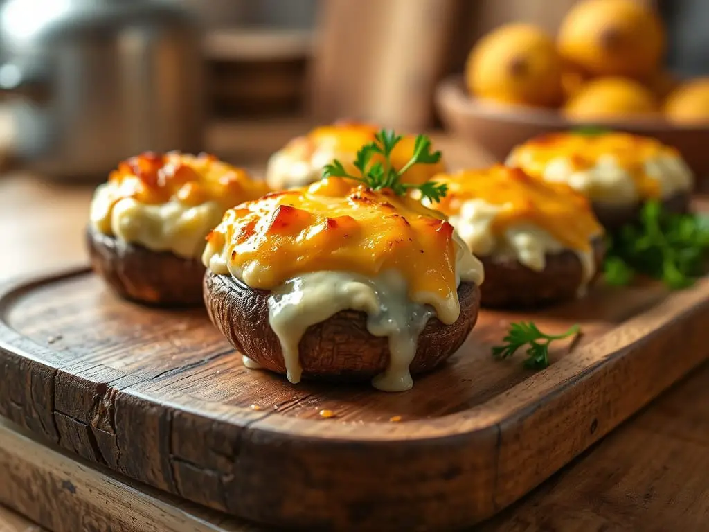 Golden baked garlic cream cheese stuffed mushrooms on a rustic wooden tray, with gooey cheese oozing from the top, garnished with fresh parsley.