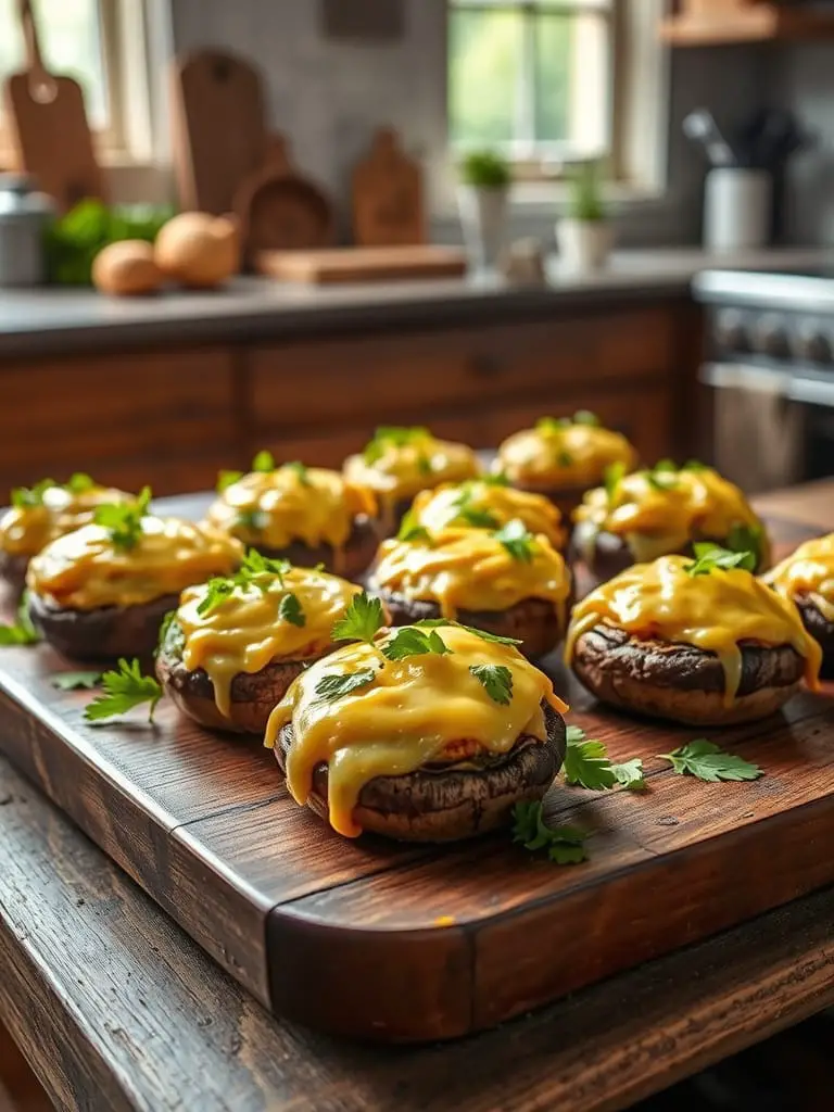 Golden baked garlic cream cheese stuffed mushrooms on a rustic wooden tray, with gooey cheese oozing from the top, garnished with fresh parsley.