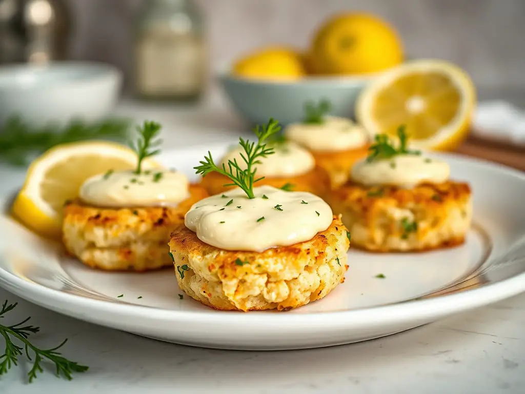 Mini crab cakes served with lemon aioli, garnished with fresh dill and lemon wedges.