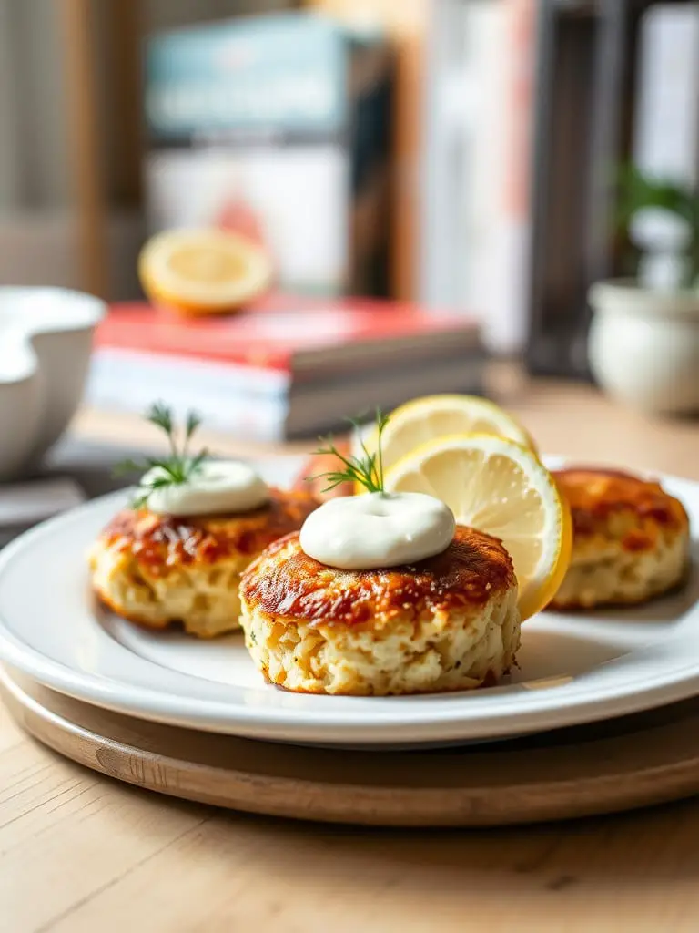 Mini crab cakes served with lemon aioli, garnished with fresh dill and lemon wedges.