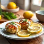 Mini crab cakes served with lemon aioli, garnished with fresh dill and lemon wedges.
