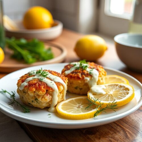 Mini crab cakes served with lemon aioli, garnished with fresh dill and lemon wedges.