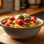 Delicious one-Pot Whole Wheat Pasta with Tomatoes & Basil in a white bowl.