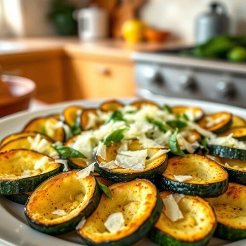 Parmesan zucchini bites topped with cheese and garnished with herbs.