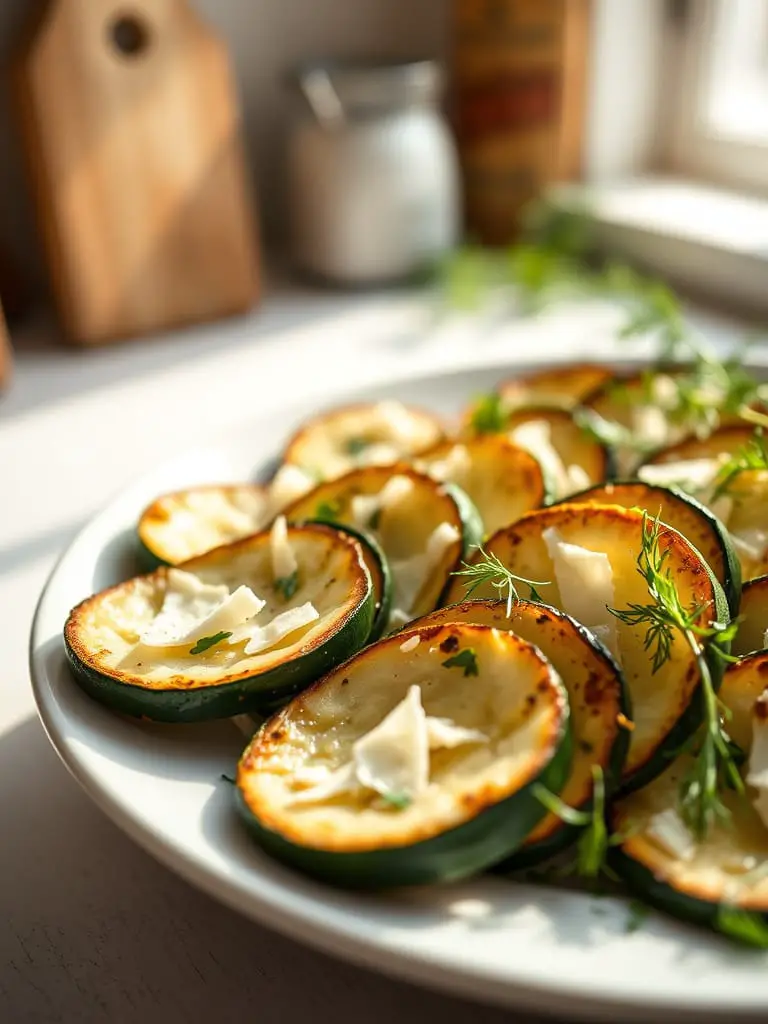 Parmesan zucchini bites topped with cheese and garnished with herbs.