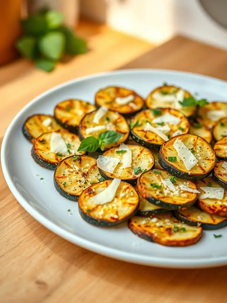 Parmesan zucchini bites topped with cheese and garnished with herbs.