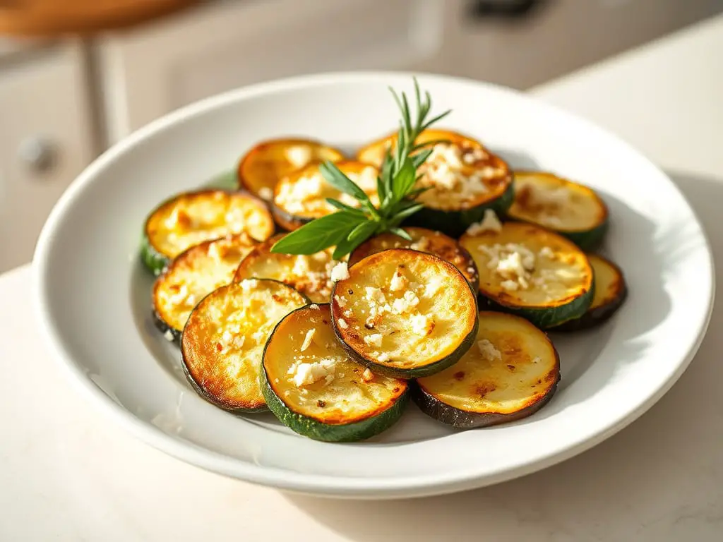 Parmesan zucchini bites topped with cheese and garnished with herbs.