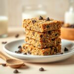 Chewy peanut butter oatmeal bars with chocolate chips, stacked neatly on a white plate.