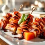Elegant prosciutto & melon skewers drizzled with balsamic glaze, garnished with fresh basil.