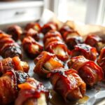 Bacon-wrapped dates on a parchment-lined baking tray, golden and crispy, with gooey goat cheese oozing out, drizzled with honey.