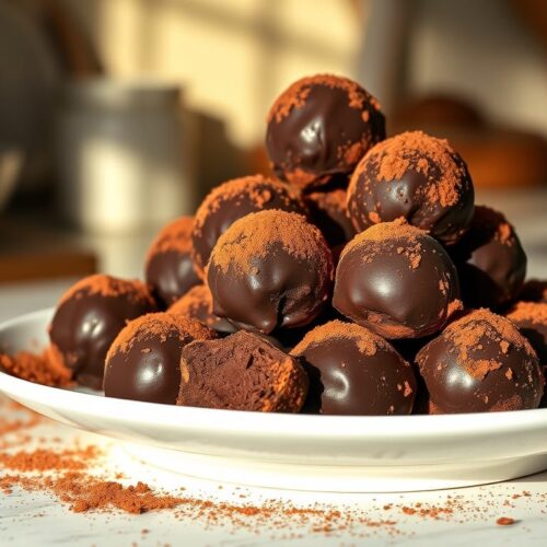 Chocolate Truffles stacked on a white plate dusted with cocoa powder.