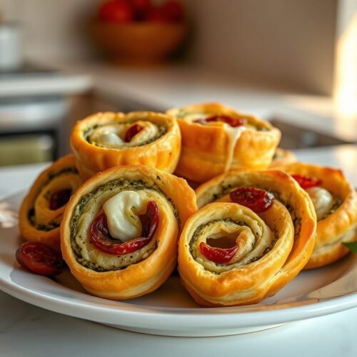 Flaky pesto pinwheels with melted cheese and sun-dried tomatoes, arranged on a white plate.