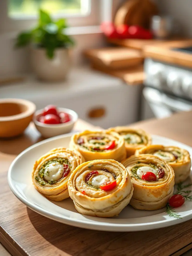 Flaky pesto pinwheels with melted cheese and sun-dried tomatoes, arranged on a white plate.