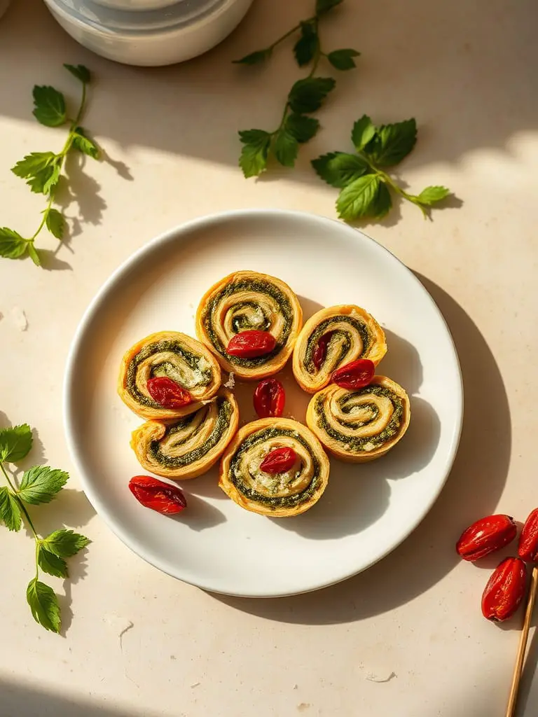 Flaky pesto pinwheels with melted cheese and sun-dried tomatoes, arranged on a white plate.
