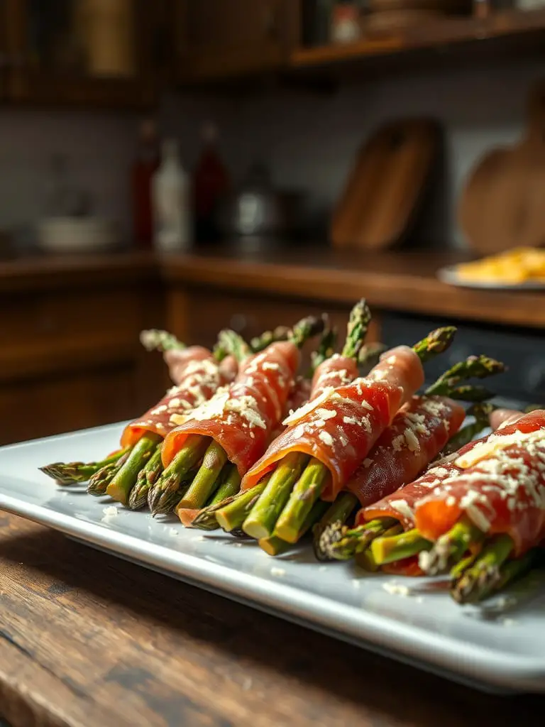 Crispy prosciutto-wrapped asparagus bundles arranged on a white platter with a sprinkle of parmesan.