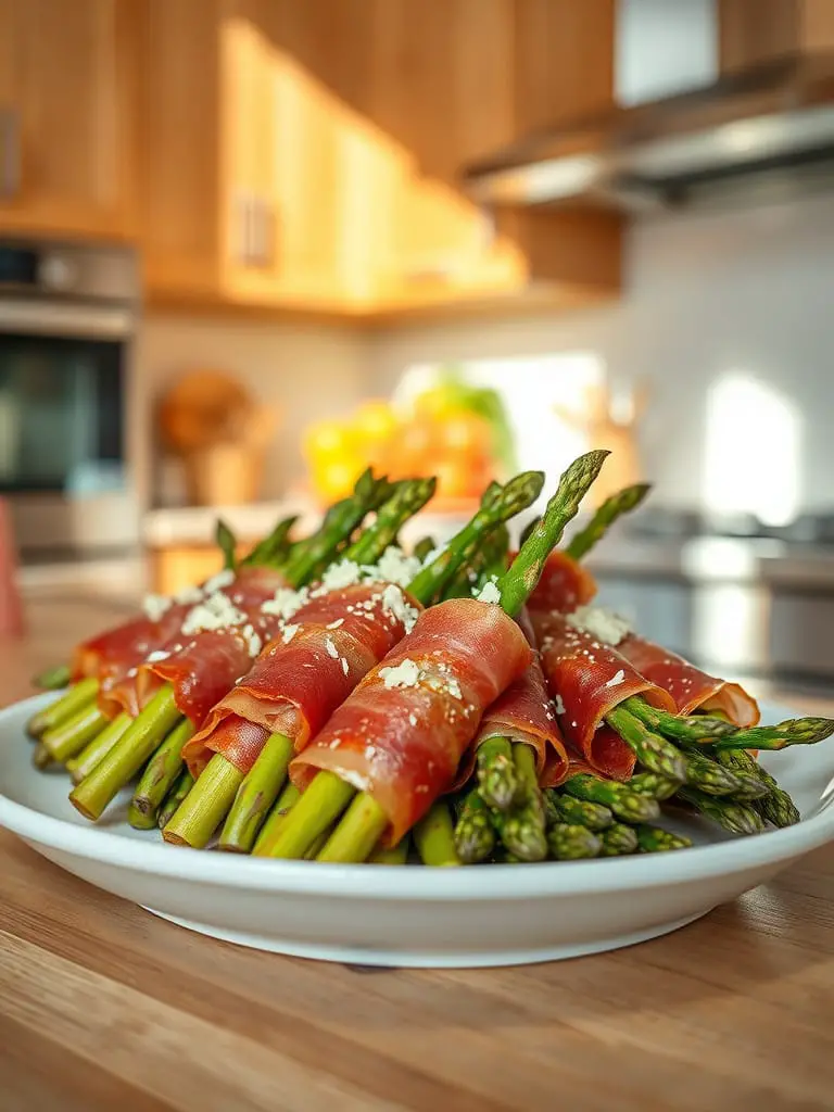 Crispy prosciutto-wrapped asparagus bundles arranged on a white platter with a sprinkle of parmesan.