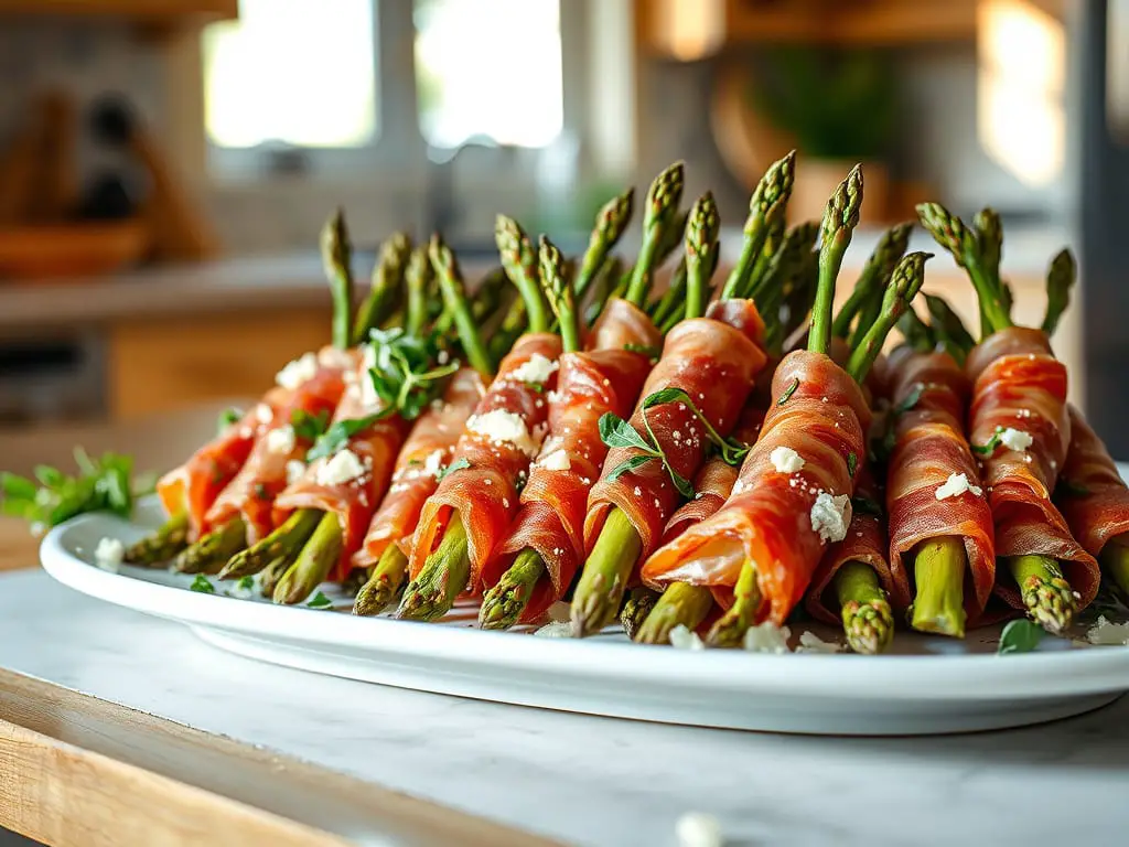Crispy prosciutto-wrapped asparagus bundles arranged on a white platter with a sprinkle of parmesan.