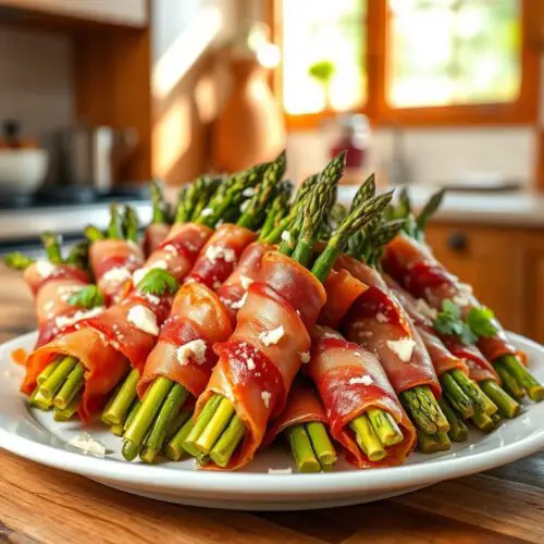 Crispy prosciutto-wrapped asparagus bundles arranged on a white platter with a sprinkle of parmesan.