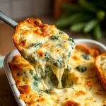 Golden-brown hot spinach artichoke dip in a creamy, melted mozzarella and parmesan cheese sauce.
