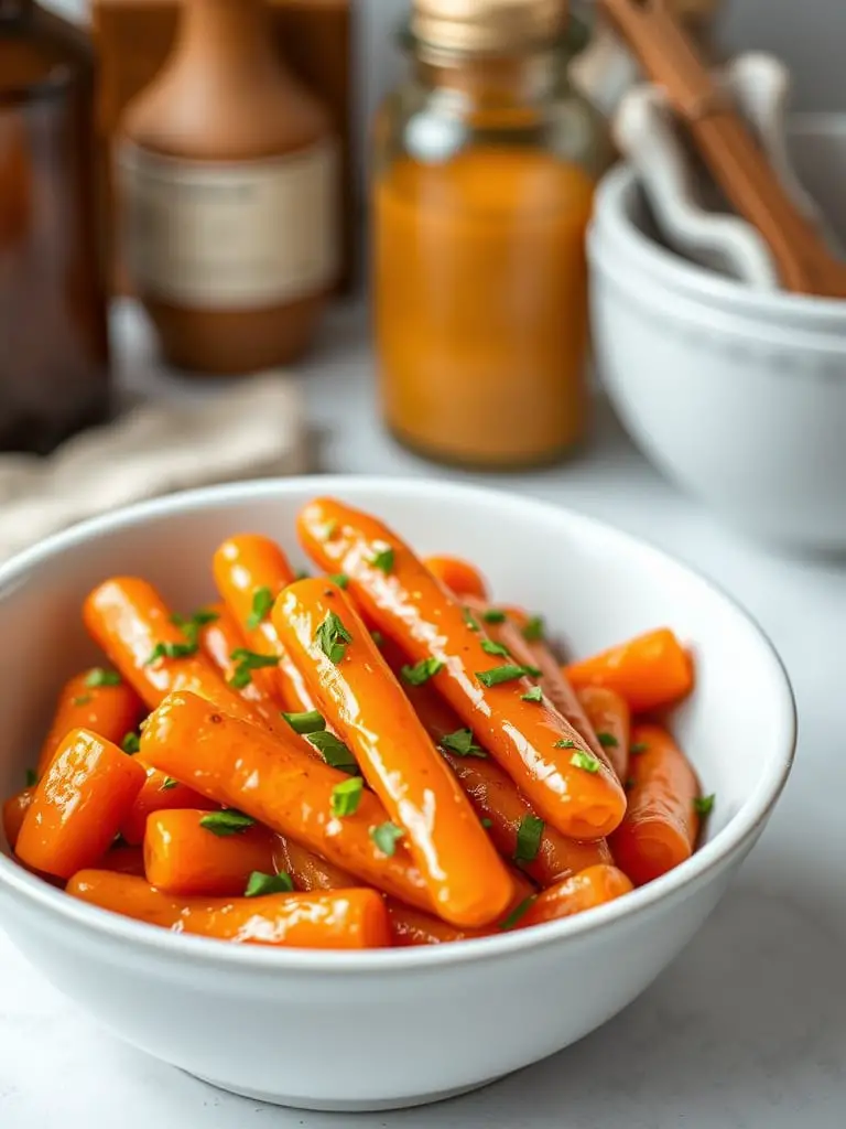 Honey glazed carrots in a white serving bowl, glistening with a golden butter-honey glaze, topped with fresh chopped parsley.