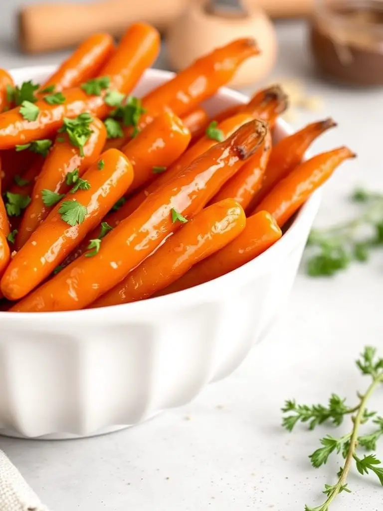 Honey glazed carrots in a white serving bowl, glistening with a golden butter-honey glaze, topped with fresh chopped parsley.