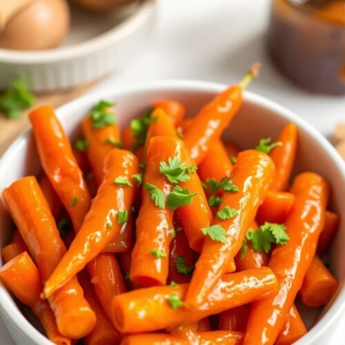 Honey glazed carrots in a white serving bowl, glistening with a golden butter-honey glaze, topped with fresh chopped parsley.