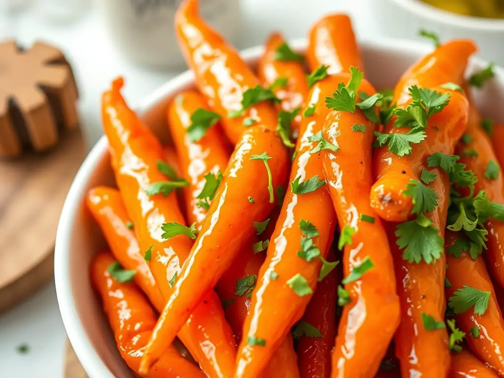 Honey glazed carrots in a white serving bowl, glistening with a golden butter-honey glaze, topped with fresh chopped parsley.